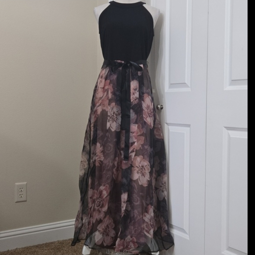 CANDALITE Elegant Black and Pink Floral Women's MAXI Dress SZ M NWOT